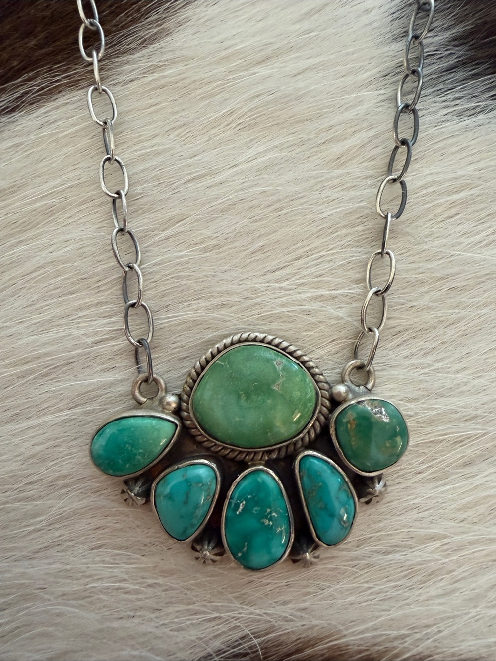 ❤️Emerald Valley Turquoise Half Cluster Sterling Pendant Necklace Adjustable 20”
